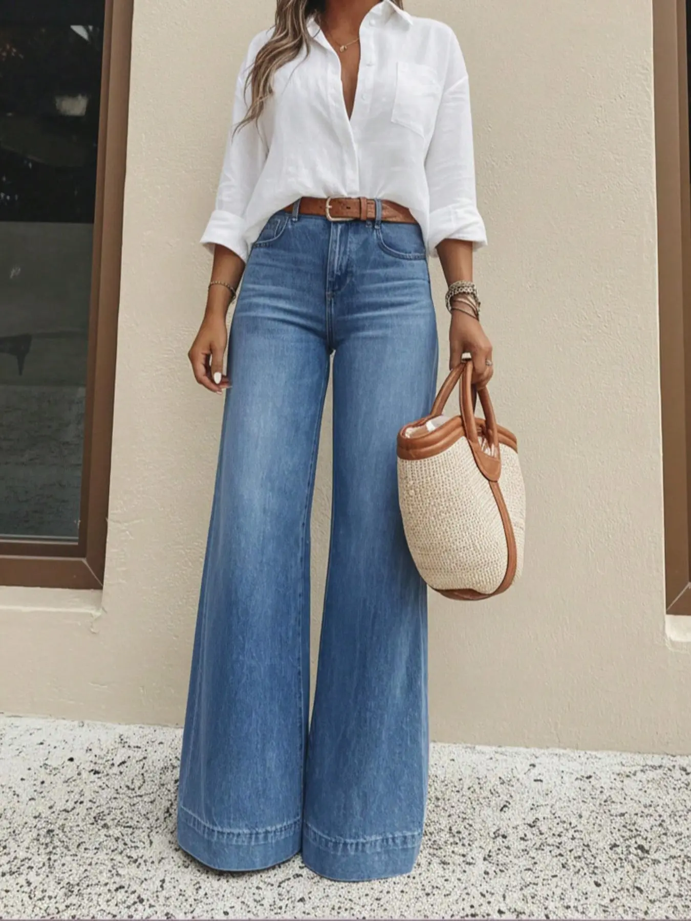 Women's Loose Fit Baggy Oversized Straight Leg Denim Jeans with Pockets